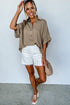Collared Half Buttons Folded Short Sleeve Oversize Top